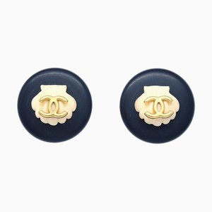 Chanel Shell Button Earrings Clip-On Black 96C 112498, Set of 2