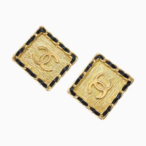 Chanel Square Leather Earrings Clip-On Gold 26 122679, Set of 2