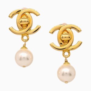 Chanel Turnlock Artificial Pearl Dangle Earrings Clip-On Gold 96A 151848, Set of 2