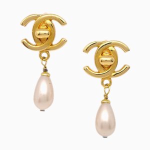 Chanel Turnlock Pearl Dangle Earrings Clip-On 96P 152060, Set of 2