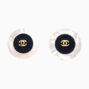 Chanel White Black Button Shell Earrings Clip-On 95P 123098, Set of 2