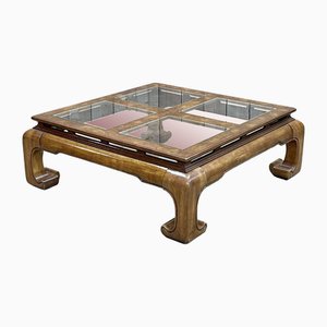 English Coffee Table in Glass and Walnut Burl, 1970s