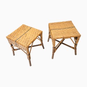 Rattan and Wood Stools, France, 1920s, Set of 2