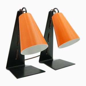 Lampes de Bureau Hook avec Abat-Jour Orange et Socles Noirs par JT Kalmar, 1950s, Set de 2