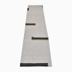 White and Black Stripe Kilim Runner Rug, 1960