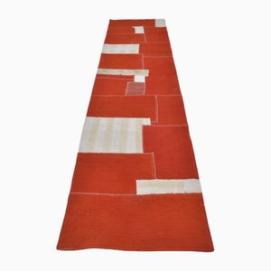 Tapis de Couloir Vintage Fait Main Rouge et Blanc, 1960