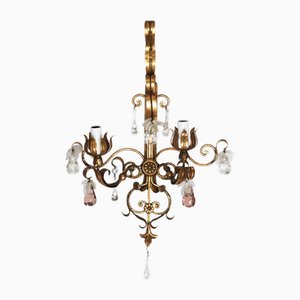 Hollywood Regency Venetian Style Wall Sconce with Crystal Bulbs and Leaves, 1950s