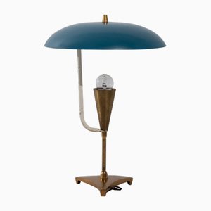 Italienische Tischlampe aus Messing mit blau lackiertem Schirm, 1950er