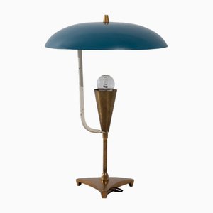 Lampada da tavolo in ottone con paralume laccato blu, Italia, anni '50