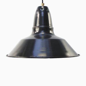 Lampada a sospensione vintage industriale smaltata nera e blu, Francia