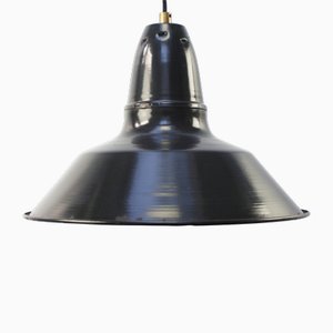 Lámpara colgante francesa industrial vintage esmaltada en negro y azul oscuro