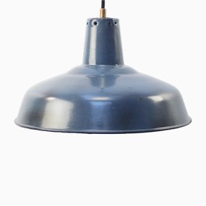 Lámpara colgante francesa industrial vintage esmaltada en azul