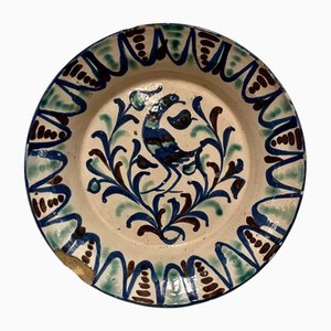 Plato español antiguo grande de cerámica con pájaro de Fajalauza
