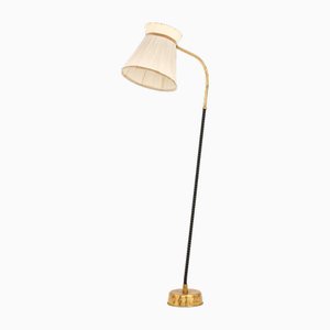 Floor Lamp in Brass, Leather and Linen Shade attributed to Lisa Johansson-Pape, 1940s