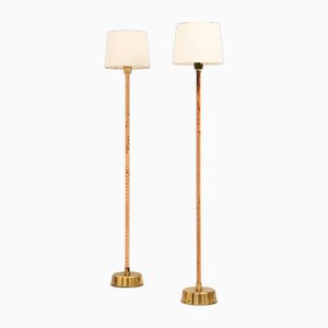 Floor Lamps in Leather, Brass and Lamp Shades attributed to Lisa Johansson-Pape, 1950s, Set of 2