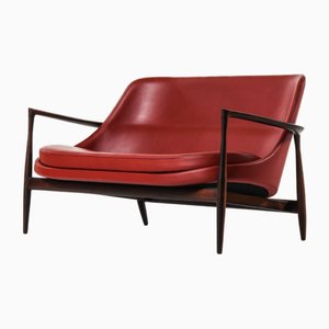 Sofa in Rosewood and Burgundy Leather attributed to Ib Kofod-Larsen, 1956