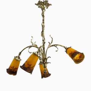 Lámpara de araña Art Déco atribuida a Muller Freres Luneville Pate De Verre de bronce, años 20