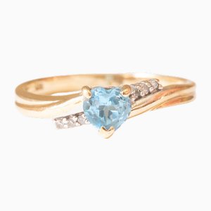 Vintage 9 Karat Gelbgold Ring mit synthetischem blauem Spinell im Herzschliff und Diamanten, 1990er