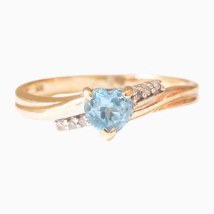 Vintage 9k Yellow Gold Ring with Heart-Cut Synthetic Blue Spinel and Diamonds, 1990s
