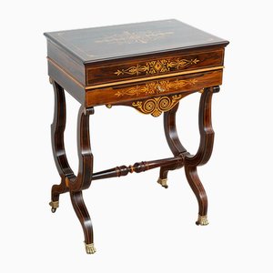 Table de Travail Charles X Antique en Bois Exotique Fin avec Incrustations en Erable, Début du 19ème Siècle