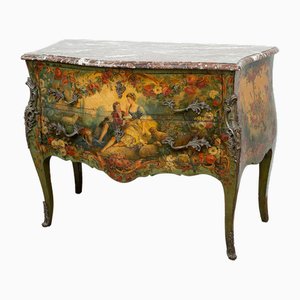 Antique French Napoleon III Chest of Drawers in Lacquered and Painted Wood with Top in Red French Marble, 19th Century