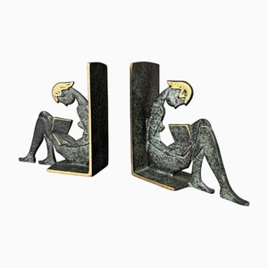 Metal Bookends with Green Patina and Brass, 1960s, Set of 2