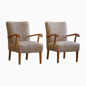Mid-Century Modern Danish Lounge Chairs in Beech & Lambswool, 1960s, 1950s, Set of 2