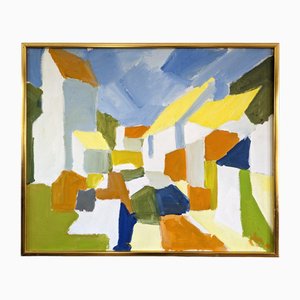 Suburban Blocks, Oil Painting, 1950s, Acrylic on Canvas, Framed