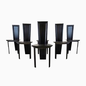 Vintage Black Leather Dining Chairs, Set of 6, 1980s, Set of 6