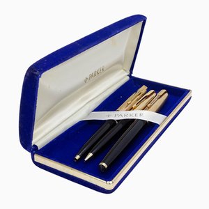 65 Custom Black Writing Set with Case in 14k Gold Plated from Parker, 1980s, Set of 3