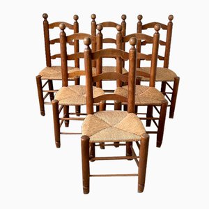 Chaises Brutalistes en Paille en Chêne par Charles Dudouyt, 1950s, Set de 6