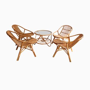 Rattan Armchairs and Side Table attributed to Jaroslav Prochazka for Uluv, 1960s, Set of 5