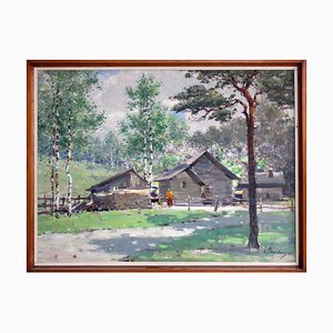 Otto Pladers, Country Yard en primavera, siglo XX, óleo sobre lienzo