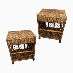 Mesas auxiliares vintage de bambú de fibra natural. Juego de 2