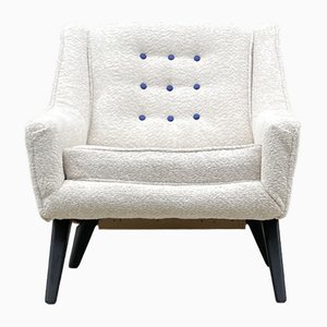 Silla de tela boucle en blanco ostra y botones en azul real de G-Plan, años 50