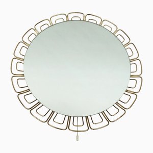 Mid-Century Modern Round Illuminated Wall Mirror with Brass Frame, 1970s