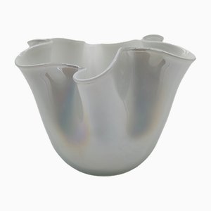 Vintage Jacketed Pearl White Fazzoletto Vase in Murano Glass, 1960s