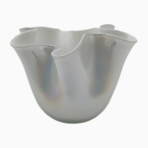 Vintage Jacketed Pearl White Fazzoletto Vase in Murano Glass, 1960s