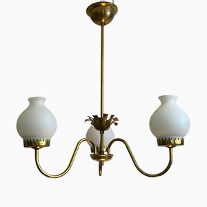 Mid-Century Swedish Chandelier in Brass and Glass, 1940s