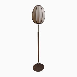 Mid-Century German Floor Lamp with Walnut Veneered Base with Brass Veins and an Egg-Shaped Beige-Brown Fabric Shade, 1960s