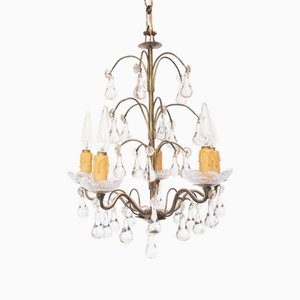 19th Century French Chandelier with Brass & 21 Glass Drops