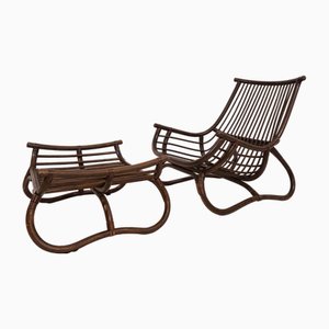 Set of Manou Rattan Pagoda Lounge Chair with Ottoman, 1970s