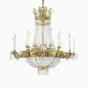 Large Empire Italian Golden Chandelier with Sixteen Light Crystals, 1780s