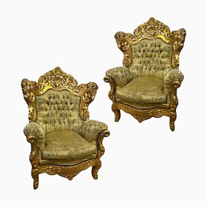 Baroque Armrest Chairs Dépoque with Gilt Carved Wood & Upholstered, Set of 2