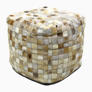 Large Patchwork Leather Pouf, 1980s