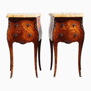 Vintage Louis XV French Rosewood Marquetry Nightstands in Marble, 1950s, Set of 2