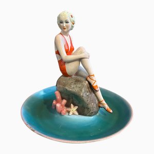Italian Art Deco Hand-Painted Ceramic of Woman at the Sea by Ronzan, 1940s