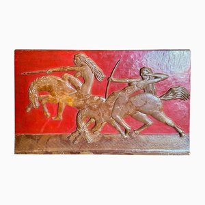 Art Deco Hand-Carved Wood Low Relief with Amazons by Mannini, 1930s