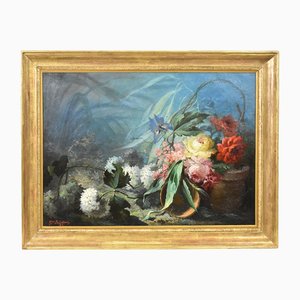 Dalias, rosas y hortensias, óleo sobre lienzo, del siglo XIX, enmarcado
