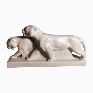 French Art Deco White Craquele Ceramic Panthers in the style of Saint Clement, 1930, Set of 2